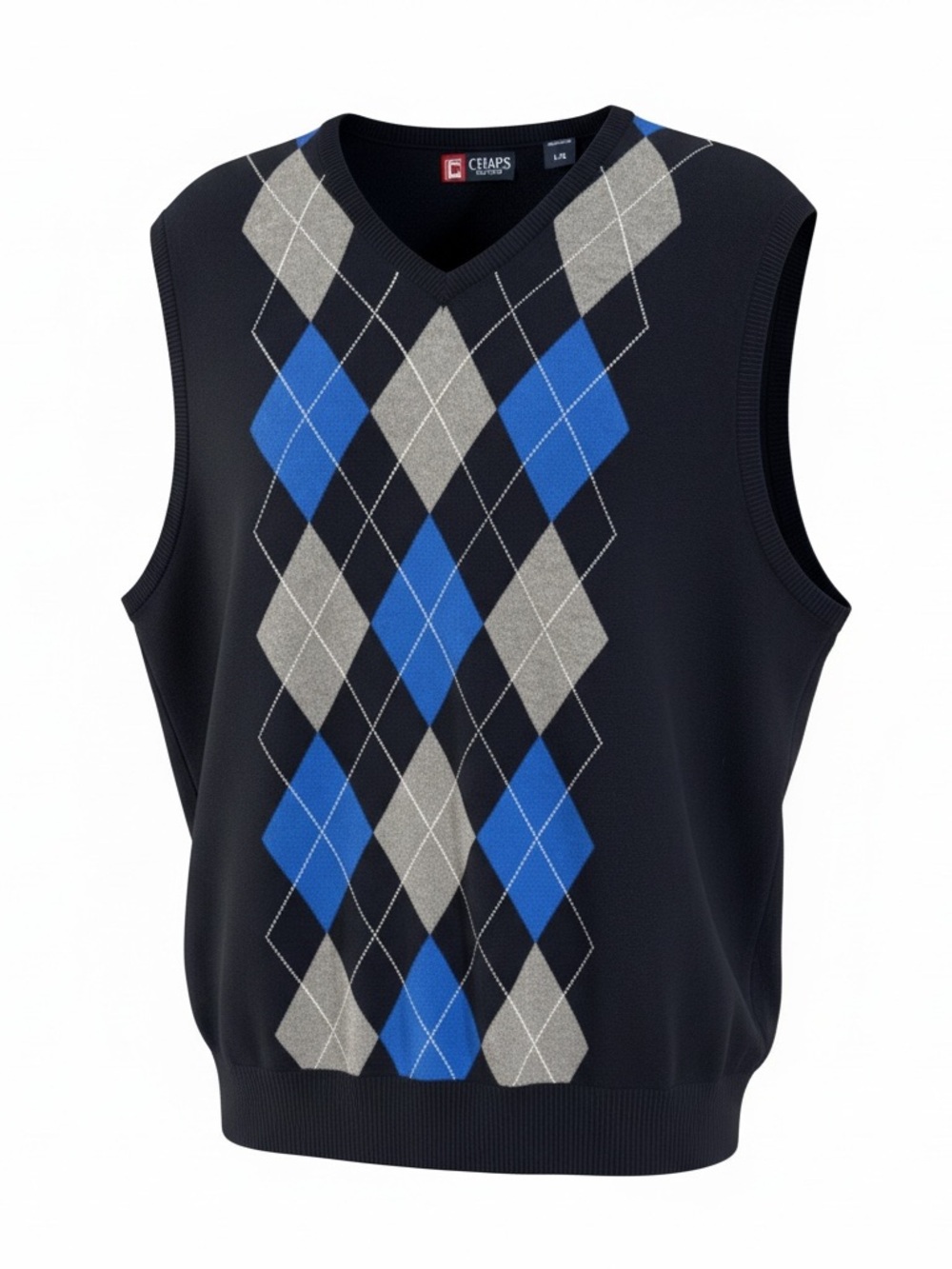Chaps SZ L men’s sleeveless sweater black with blue, gray white pattern.